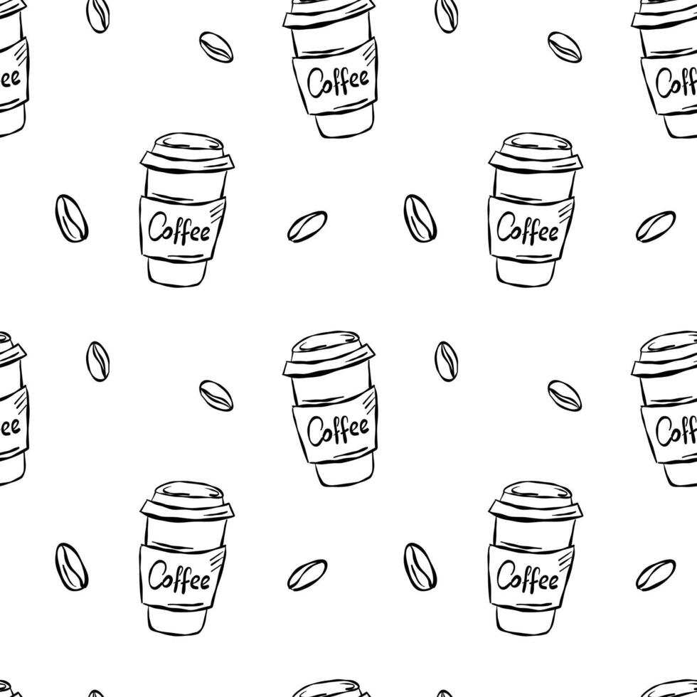 Hand-drawn seamless pattern with coffee cups, beans, and mugs vector