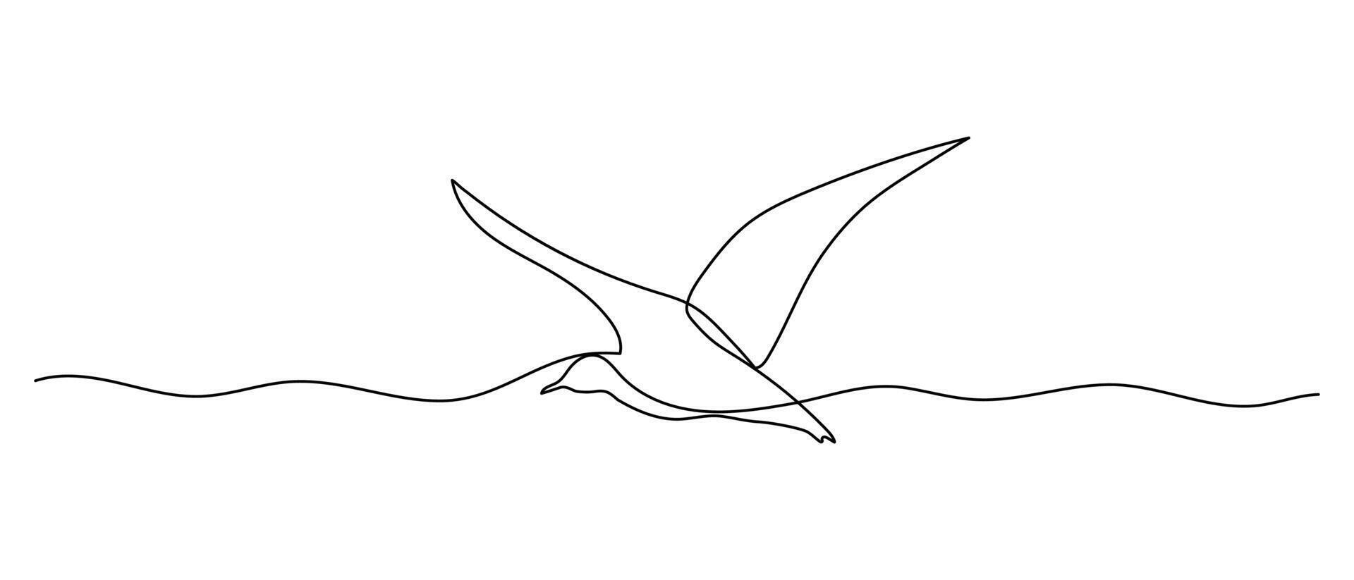 Seagull one line illustration, hand drawn bird in doodle style. continuous outline sketch. vector