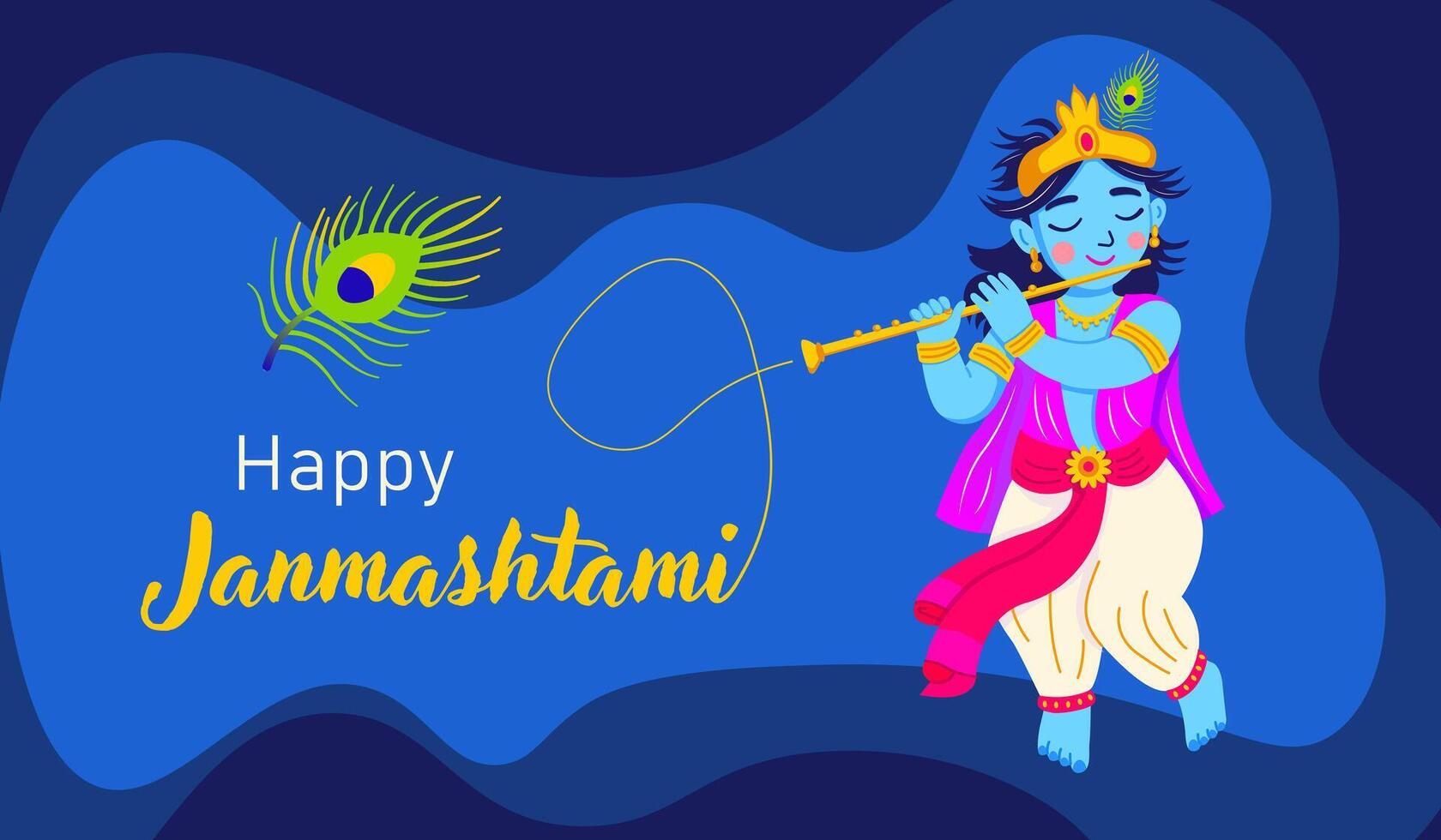 Happy Janmashtami festival banner with Krishna and flute vector