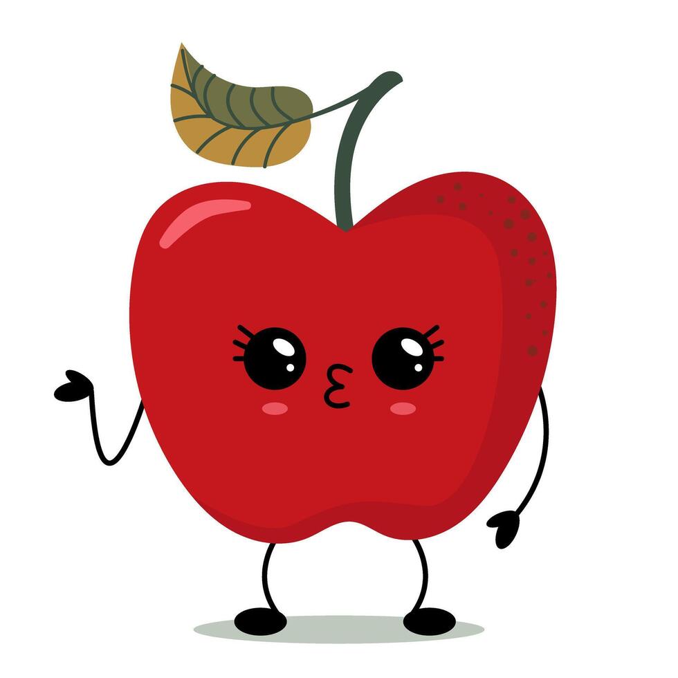 Cute kawaii red apple with big eyes and happy smile vector