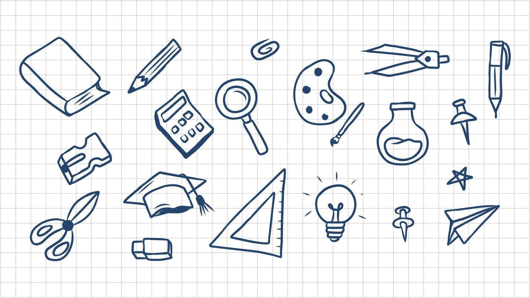 Hand drawn school supplies elements on a graph paper background vector