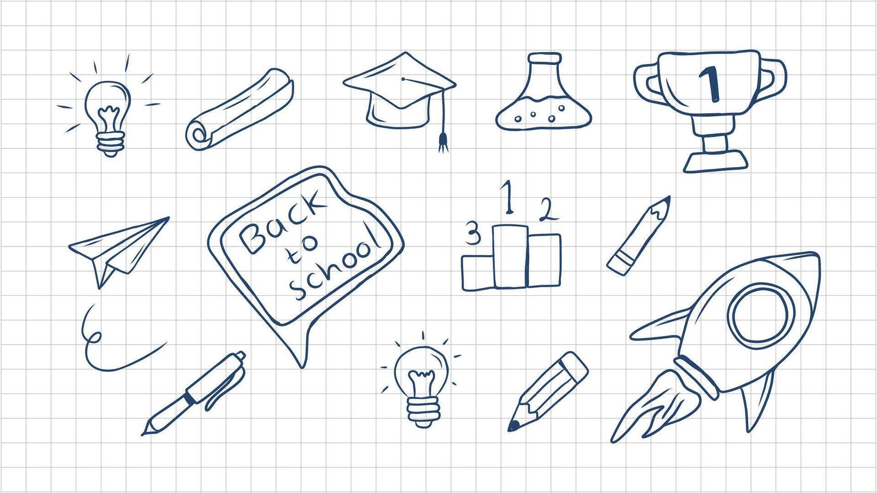 Simple Hand drawn school and education elements with rocket and trophy vector