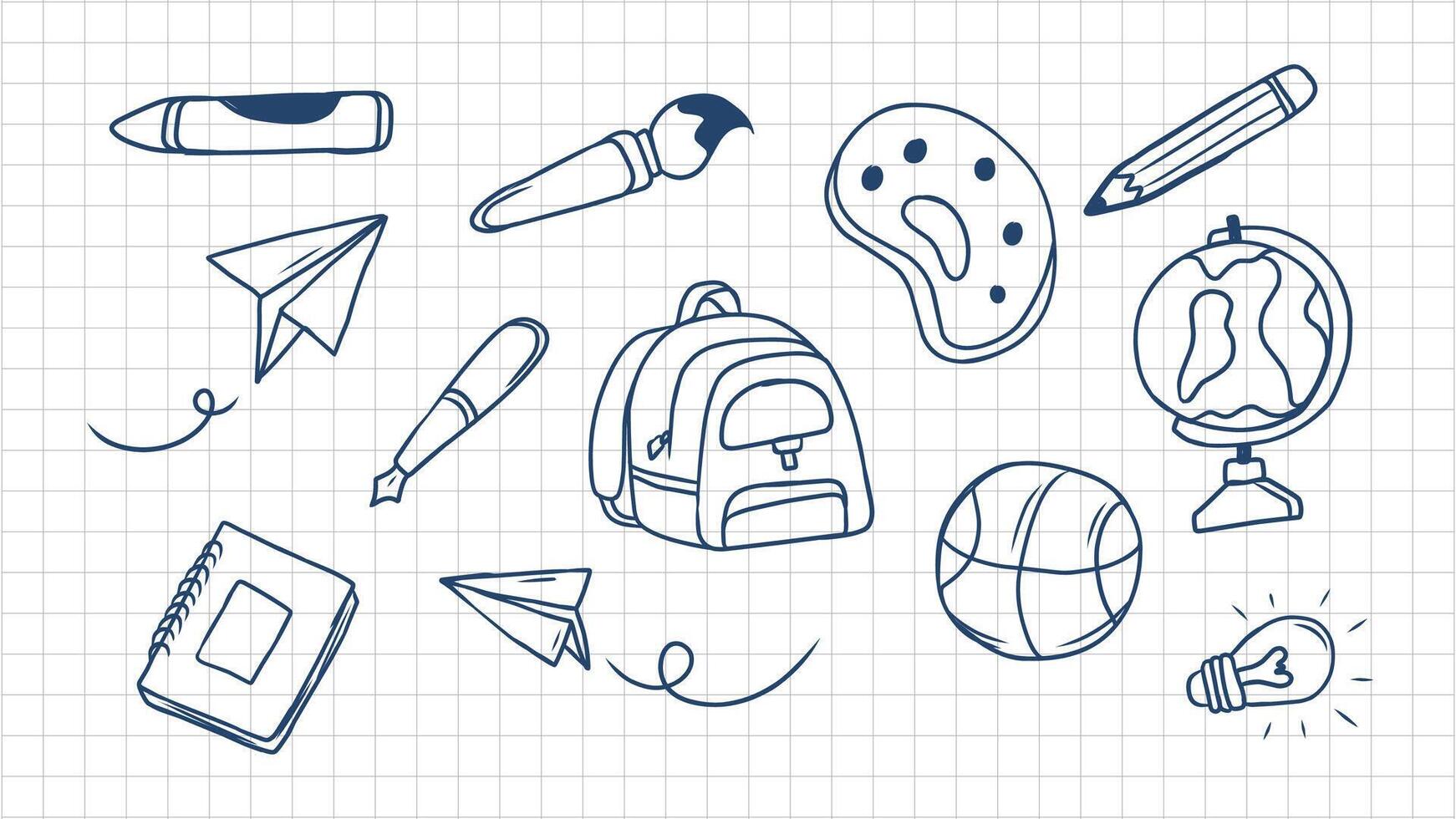 Doodle Hand drawn school Supplies elements on a graph paper background vector