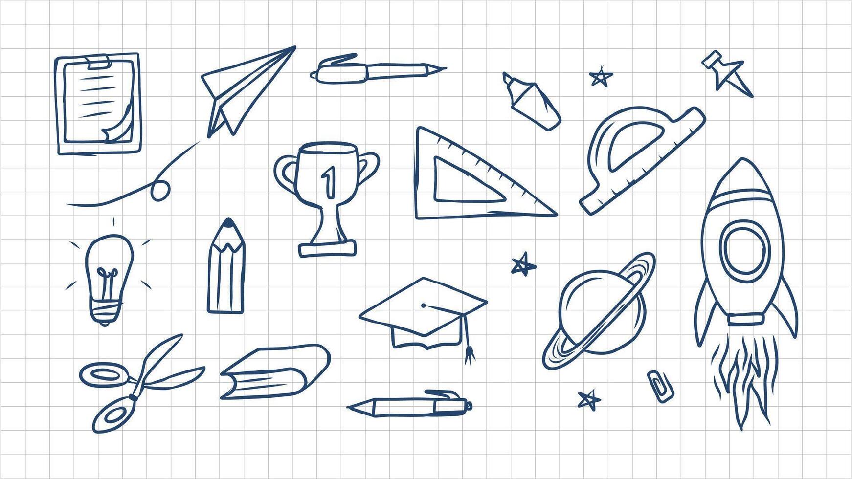 Hand drawn school and education elements with trophy rocket and planet vector