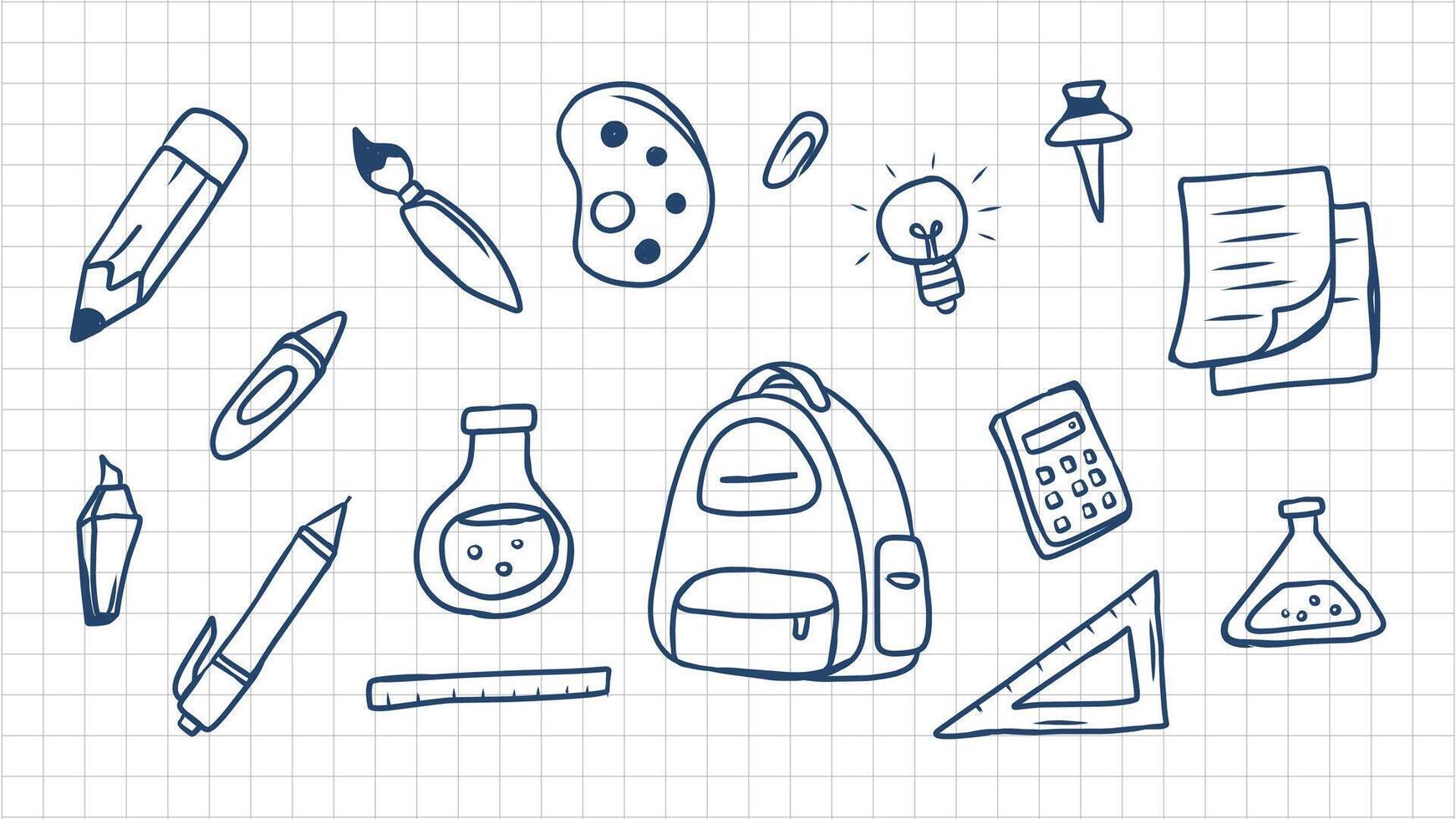 Hand drawn school elements on a graph paper background vector