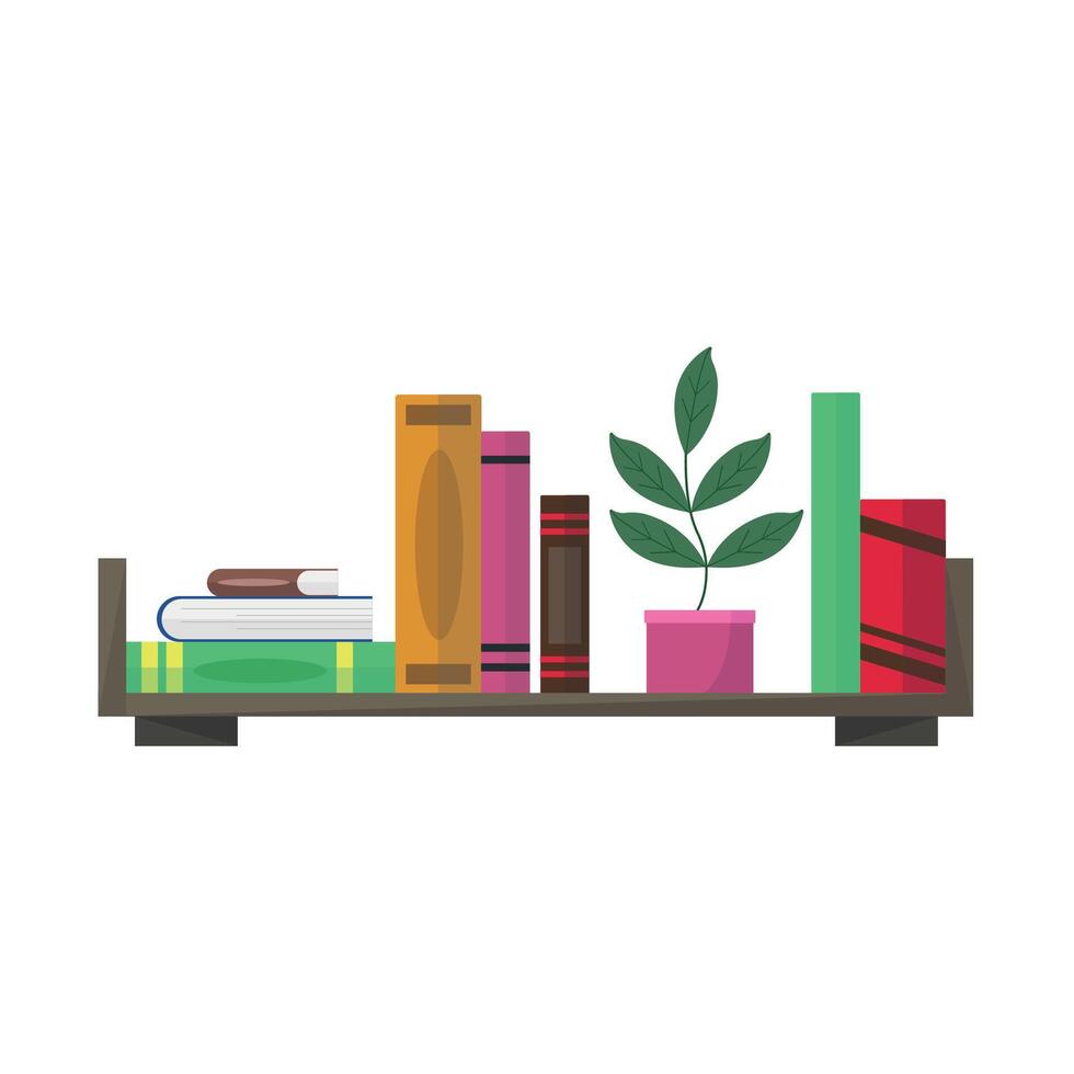 Shelf icon with books and plant on white background. Literature, classics. Education, knowledge. vector