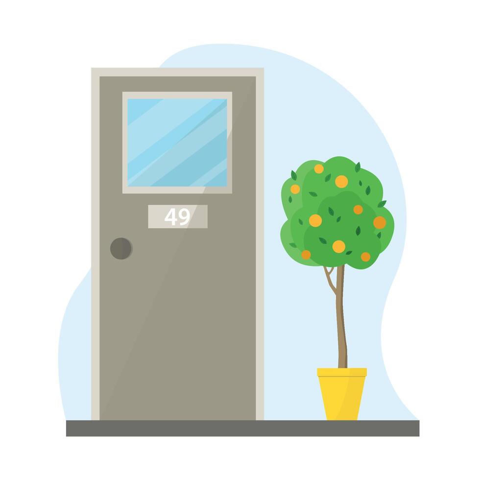 Door icon with orange tree on blue background. Entrance to office, study, classroom, hall. vector