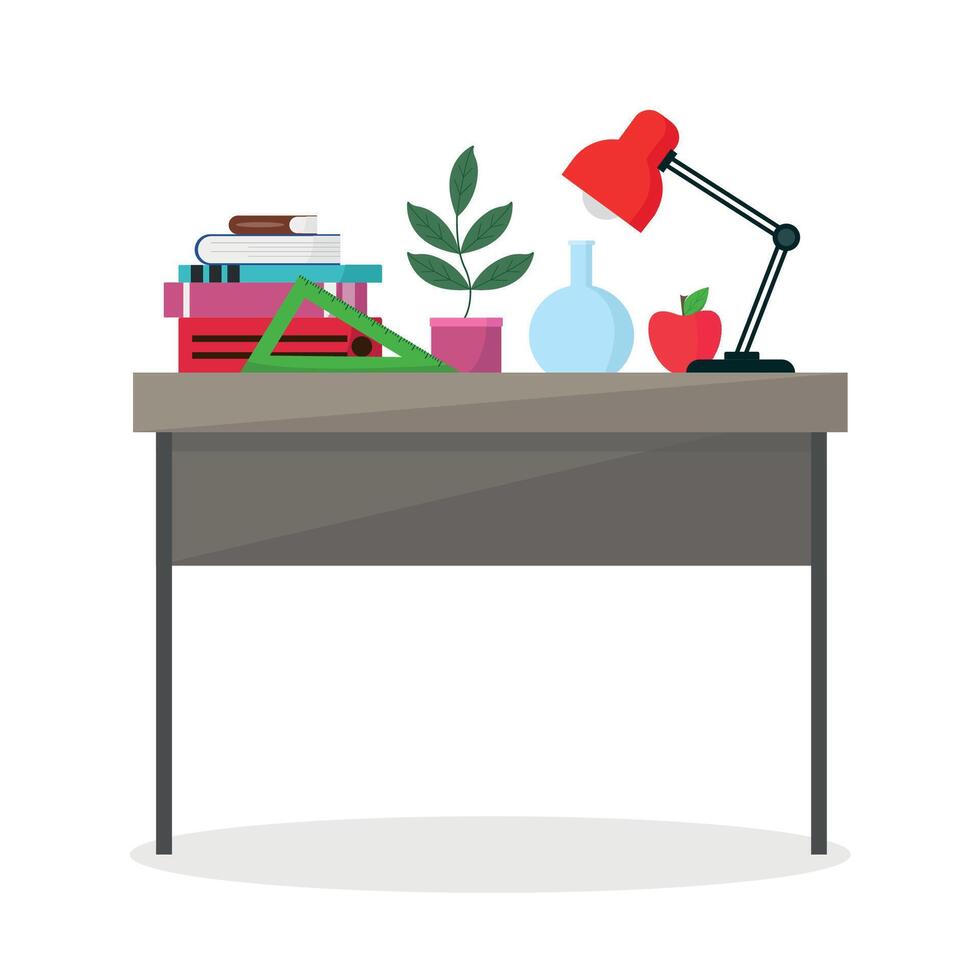 School desk icon with books, ruler, plant, flask, apple and lamp. Education, knowledge. vector