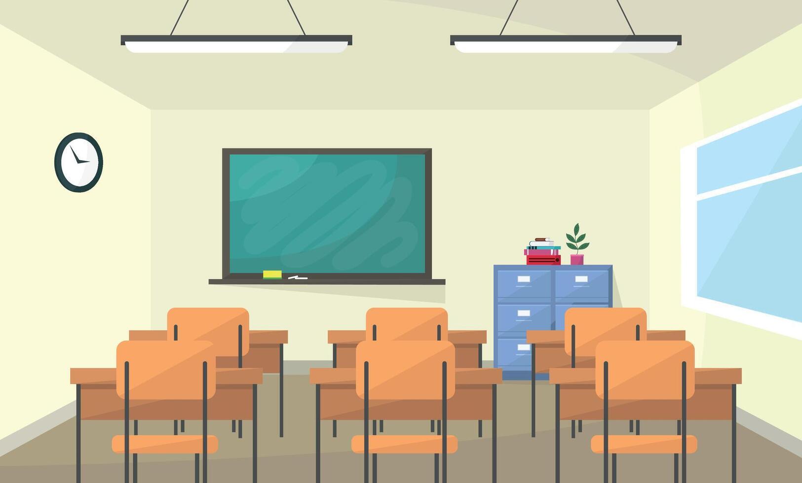Classroom with desks and a chalkboard vector
