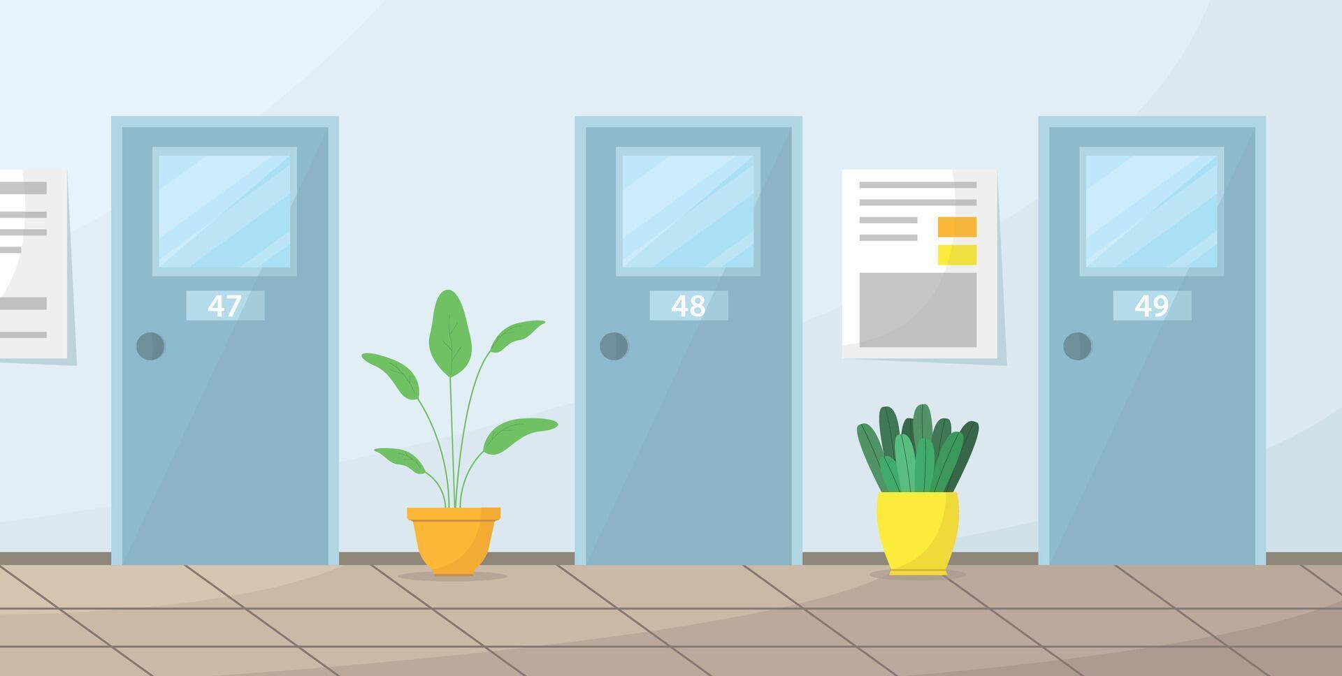 Office hallway with plants and doors vector