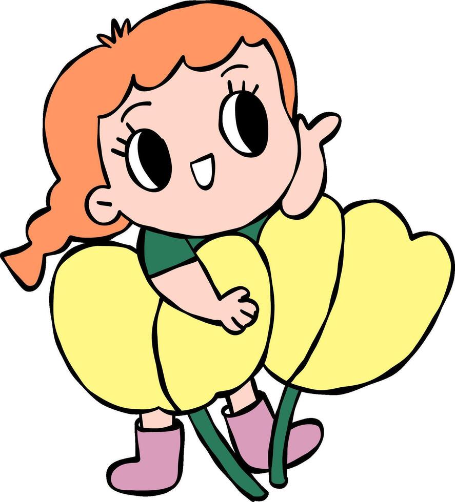 Girl with flowers hand drawn cartoon vector