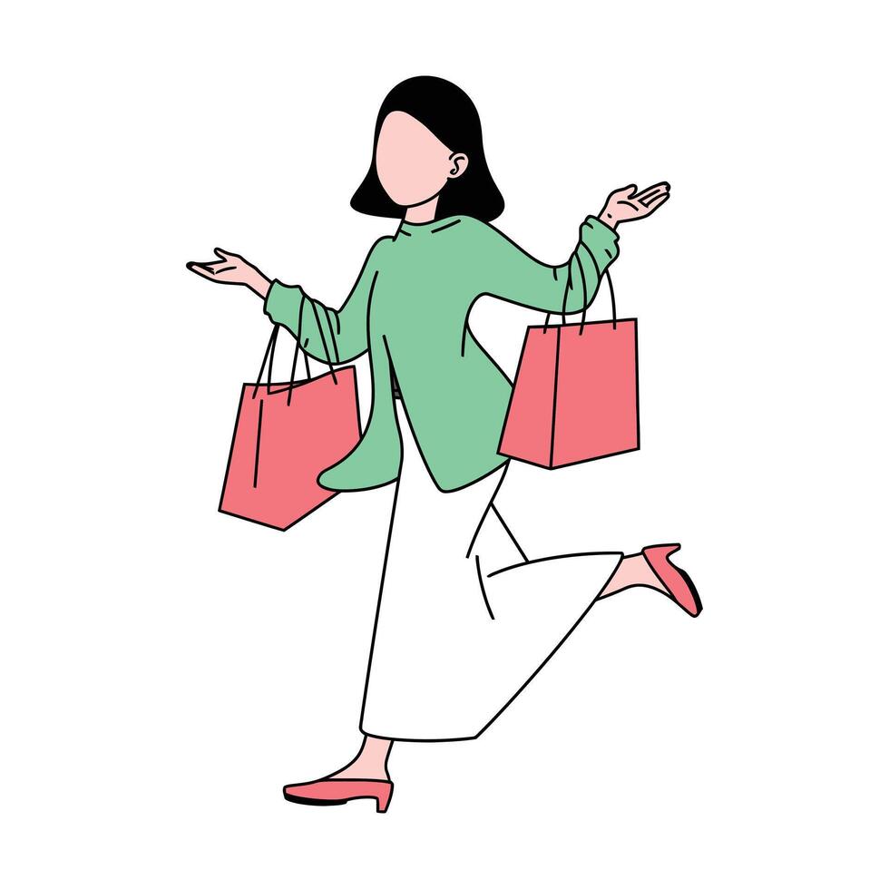 Faceless woman joyfully runs with shopping bags held outwards on a transparent background vector