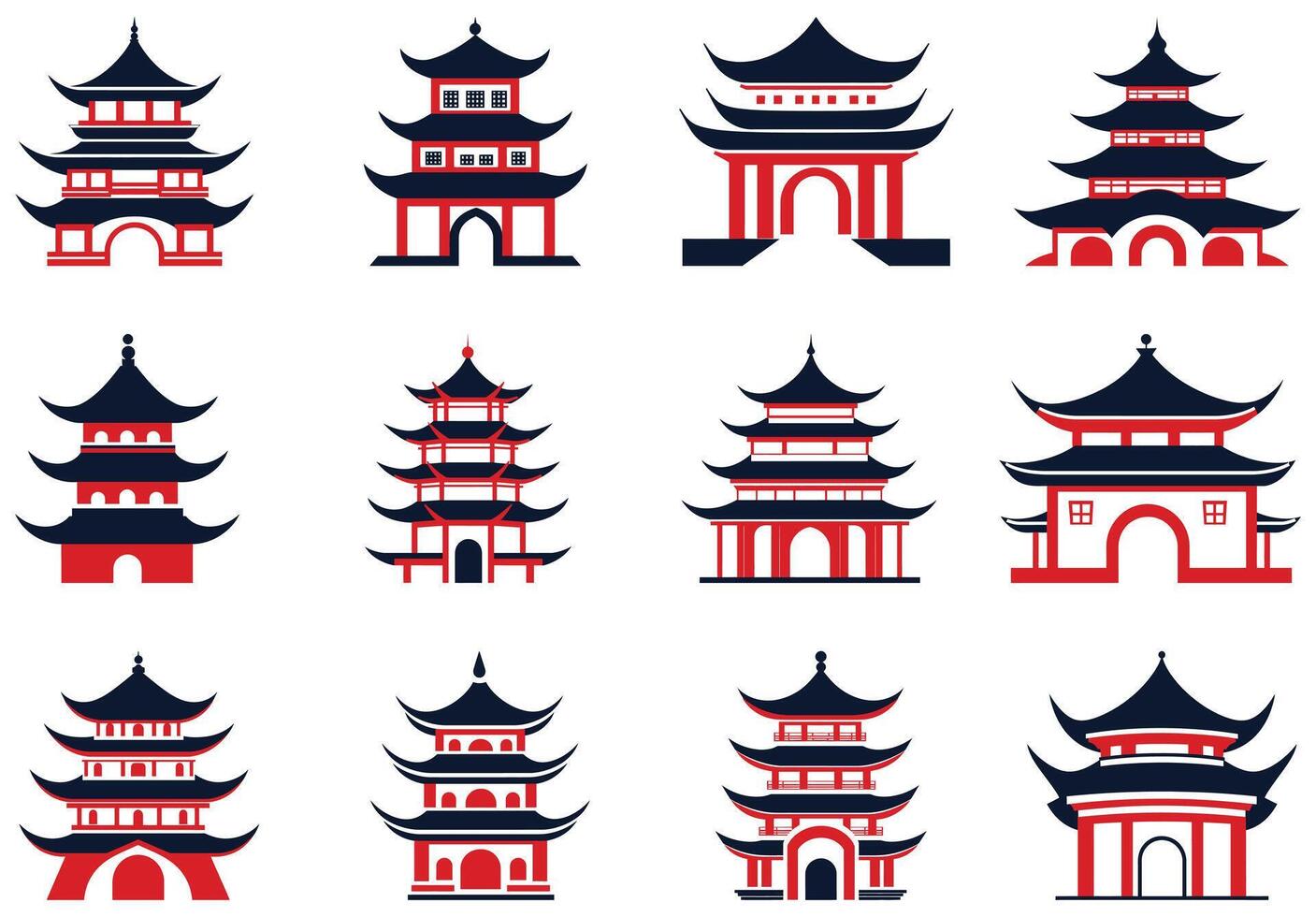 Collection of Stylized Red and Black Pagoda Illustrations on a White Background vector