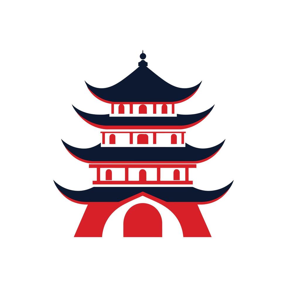 Pagoda Illustration with Red and Blue Accents on White Background Style vector