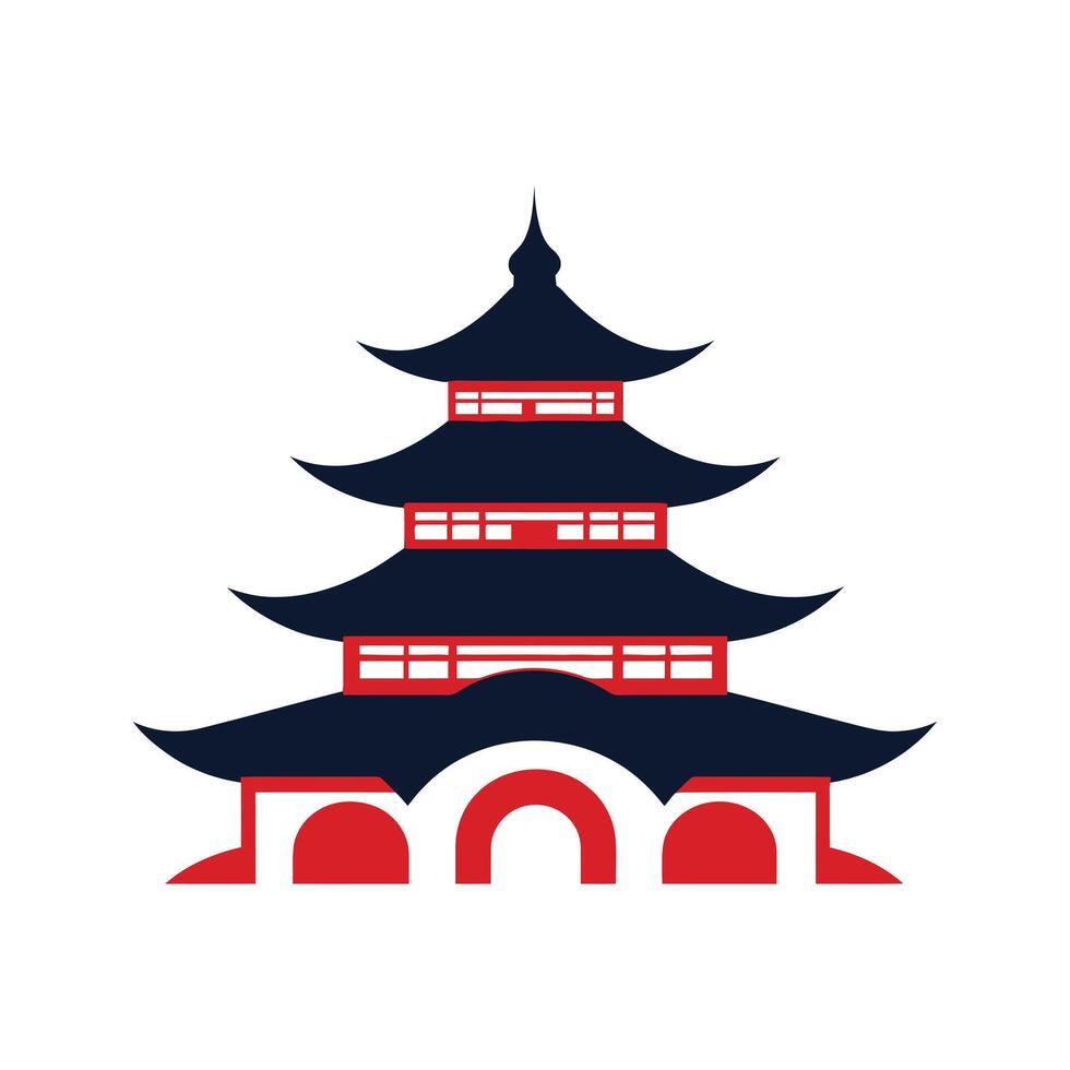 Stylized Illustration of Pagoda Structure with Traditional Japanese Architecture and Red Bridge Design Elements vector