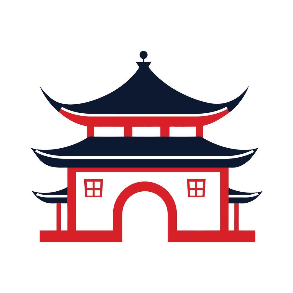 Red and Dark Blue Simplified Illustration of a Chinese Pagoda Gateway on White vector