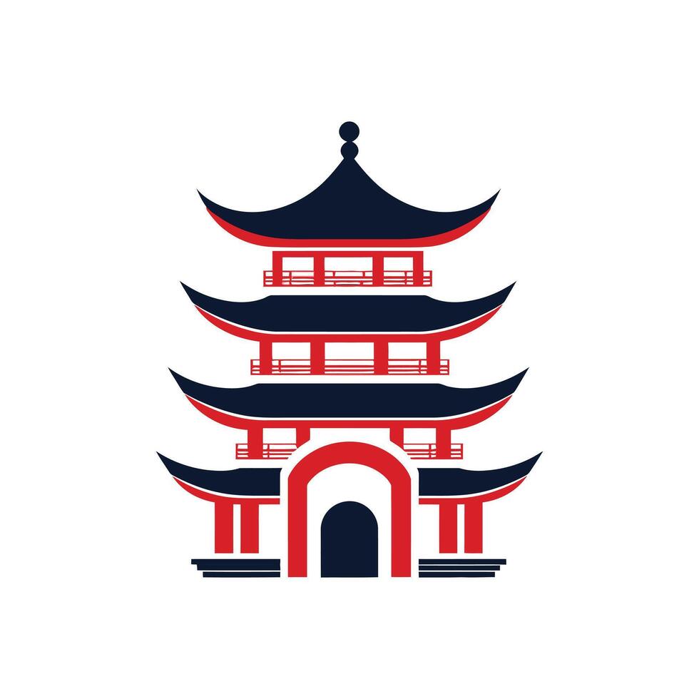 Stylized Red and Navy Blue Pagoda Illustration on White Background Architecture vector
