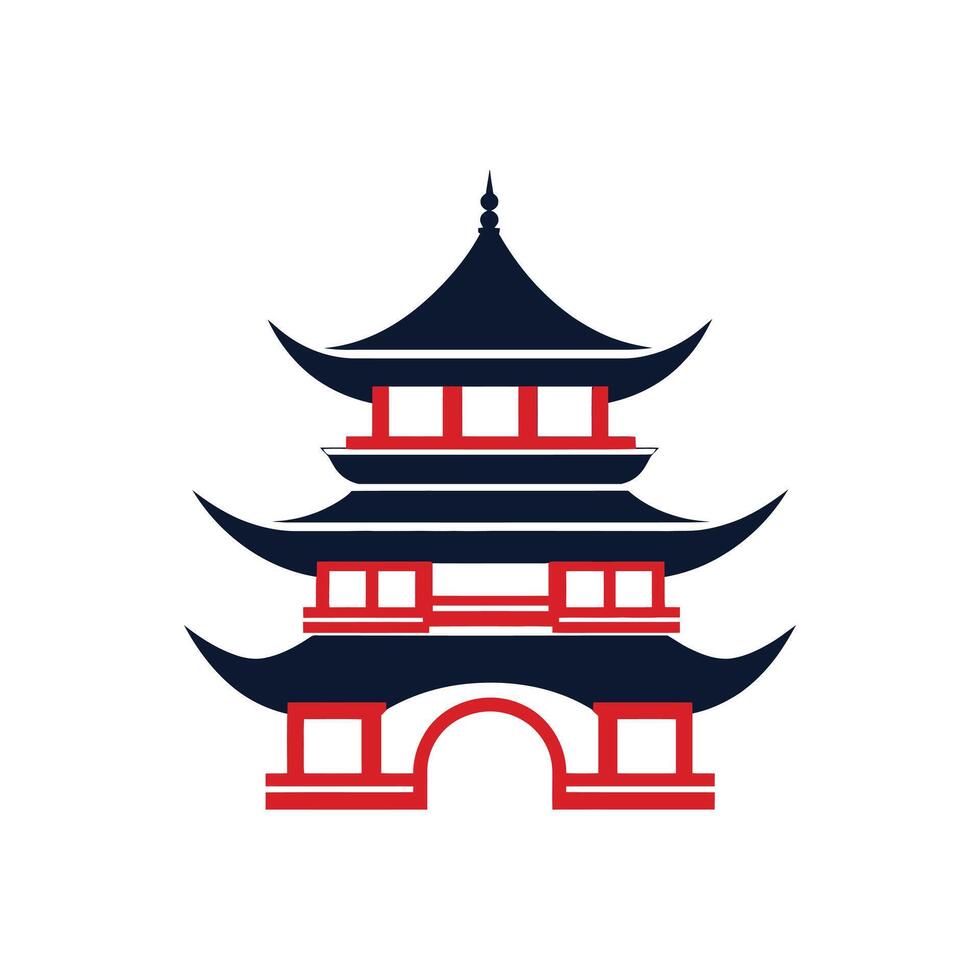 Illustration of a ThreeStory Japanese Pagoda with Dark Blue Roofs and Red Accents vector