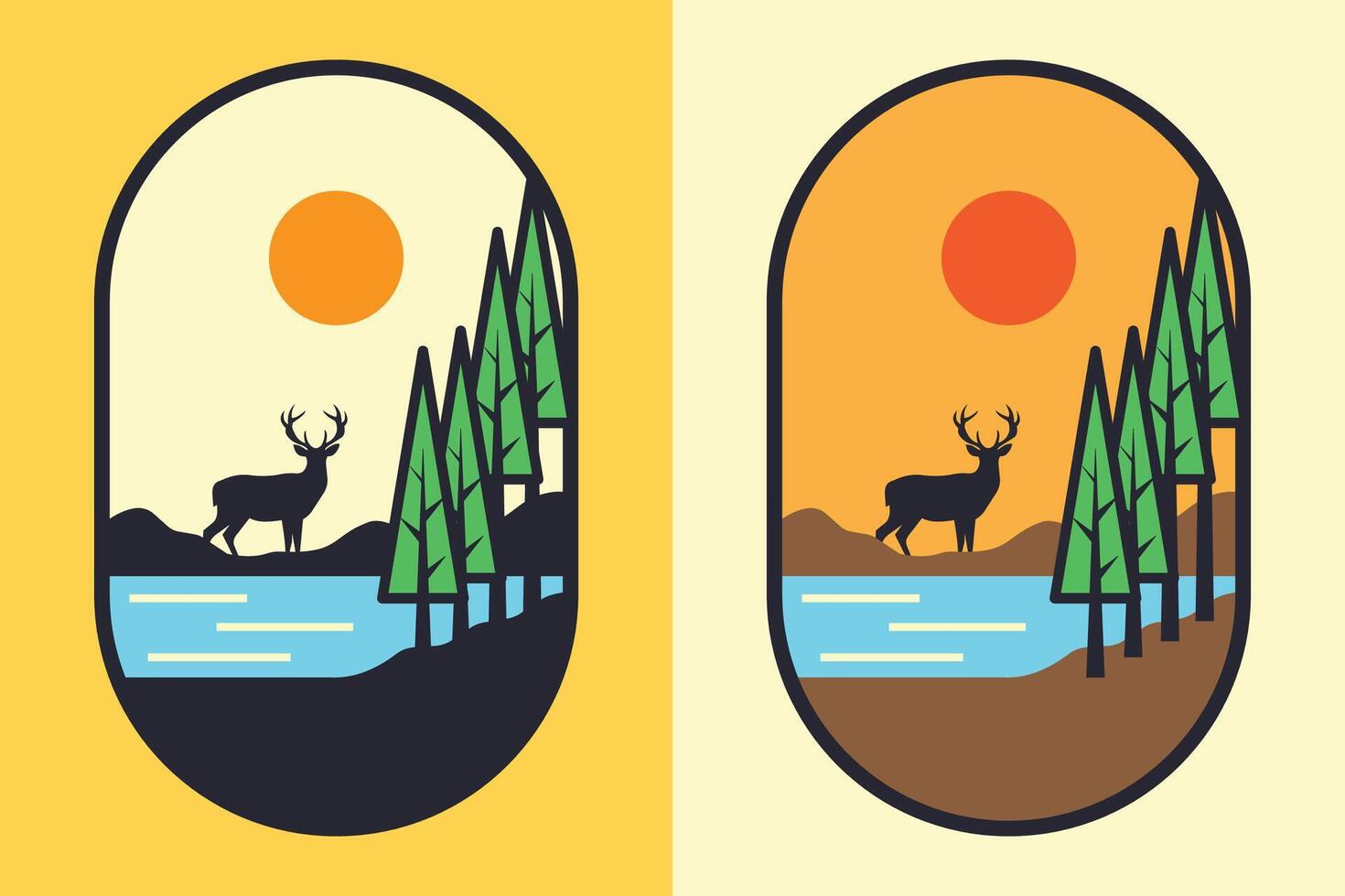 Deer Landscape Badge, Minimal Wilderness Sunset Forest Emblem Design vector