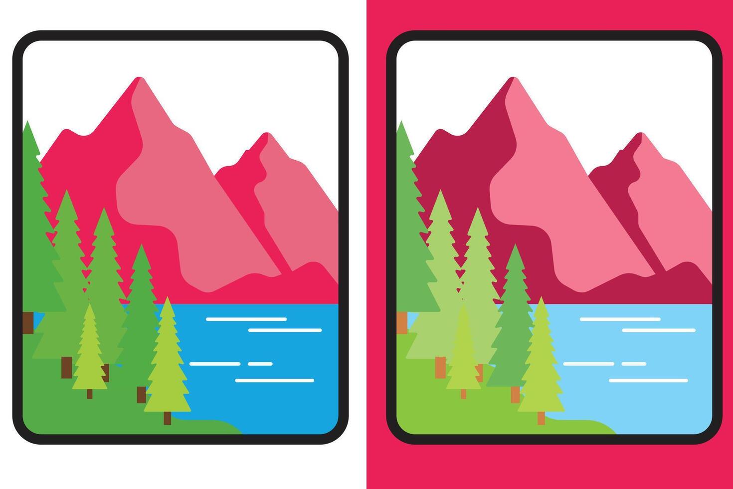 Mountain Landscape with Lake and Pine Trees, Minimalist Nature Scene Illustration vector