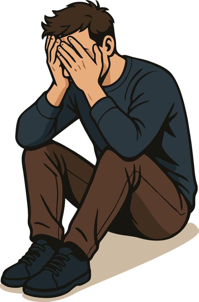 Depression Illustration Man Sitting with Head in Hands Mental Health Awareness vector