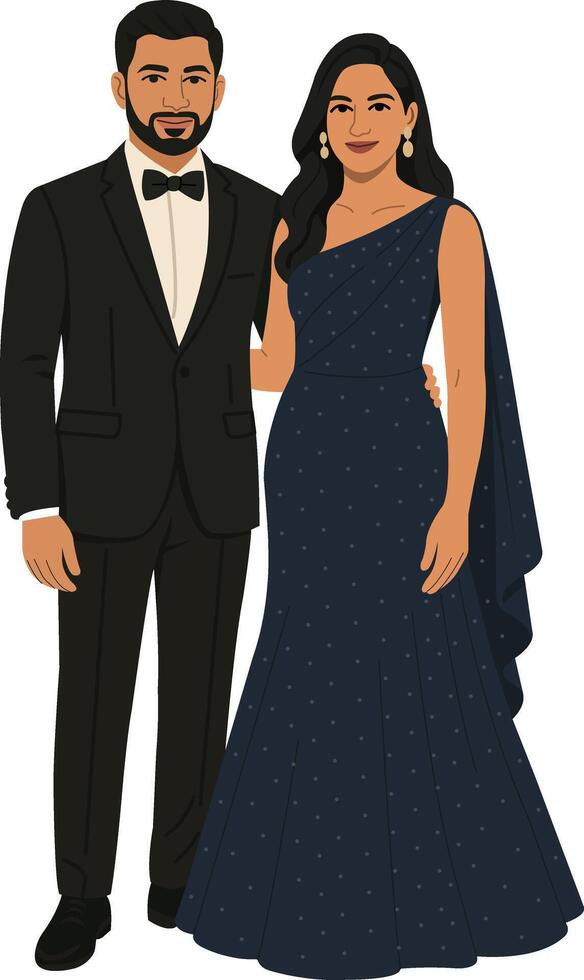 Elegant Reception Couple Illustration Black Tuxedo Navy Blue Gown Look vector