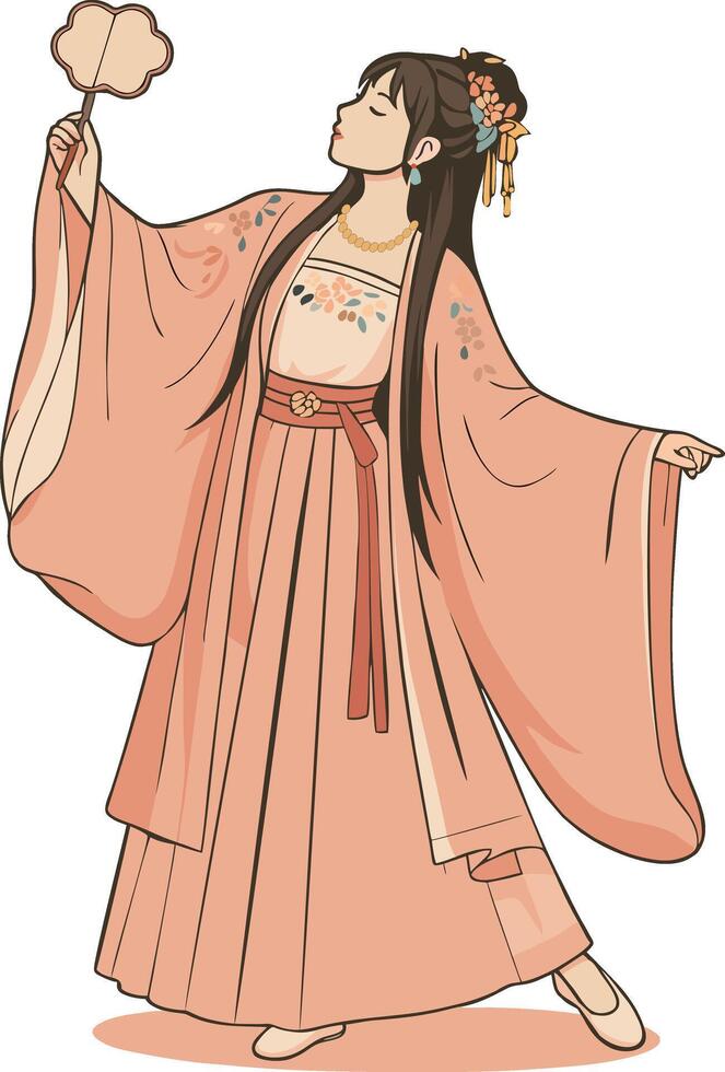 Elegant Woman in Traditional Hanfu Holding Fan Illustration vector