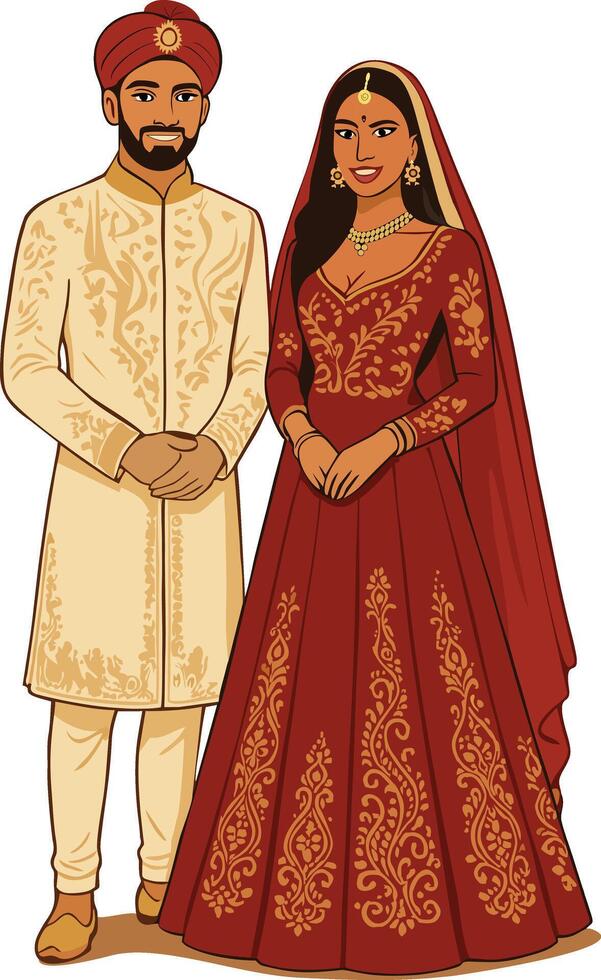 Indian Wedding Couple Traditional Red Bridal Lehenga Cream Sherwani vector