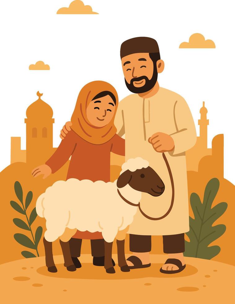 Eid al Adha Celebration Illustration Muslim Family with Sacrificial Sheep Flat Cartoon Style vector