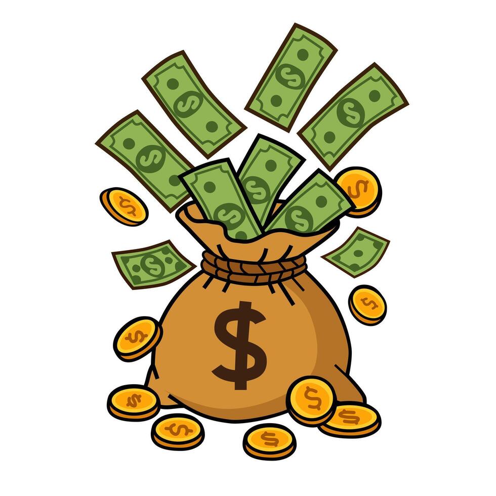 Money Bag Bursting with Cash and Coins Illustration vector