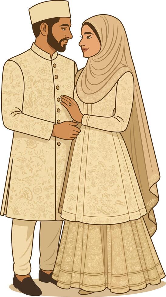 Elegant Muslim Wedding Couple in Cream Traditional Attire Nikah Ceremony Illustration vector