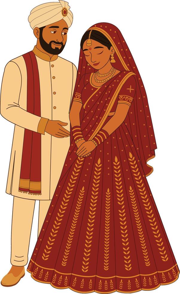 Indian Wedding Couple Illustration Traditional Bride and Groom in Red and Cream Attire vector