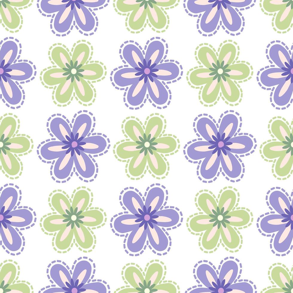 It features repeating lavender and light green flowers with a stitched outlin vector