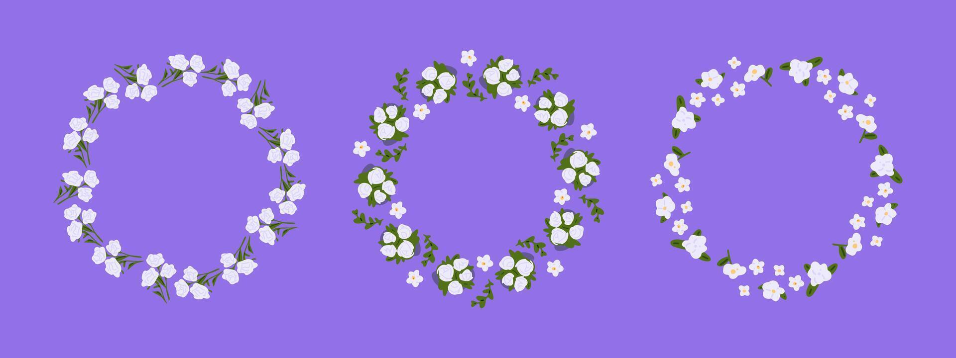 Pastel Floral Wreath Frame Set. Set of three floral wreath frames with white and light lilac flowers and green leaves on violet background. Flat style with soft natural colors. vector