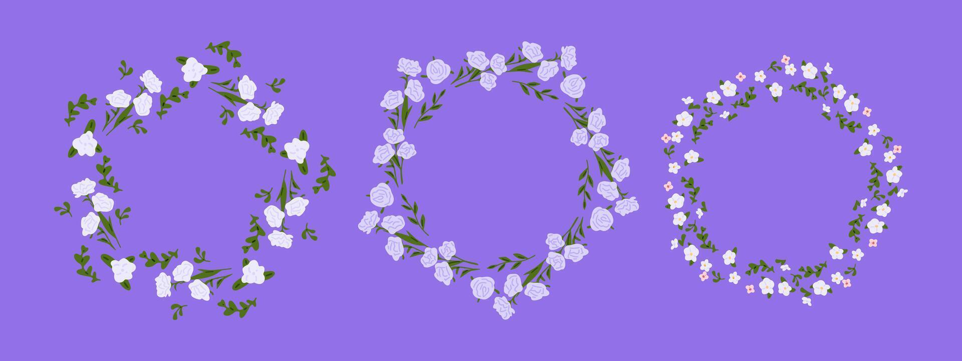 Floral Wreath Frame Collection. Set of three floral wreaths with white, pink and lavender flowers on green leafy branches. Flat hand-drawn style on purple background. vector