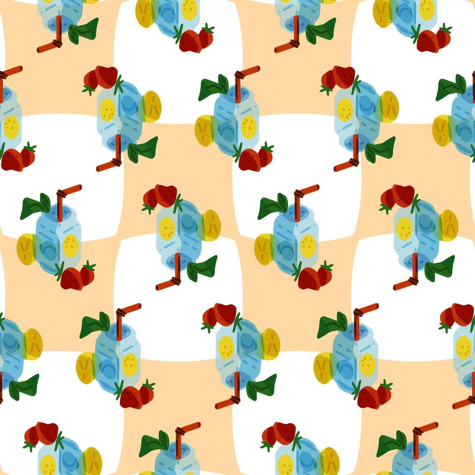 Seamless Summer Drink Pattern. Seamless pattern with summer drinks, lemon slices, strawberries, and leaves on checkered background. Flat style with bright fresh colors. vector