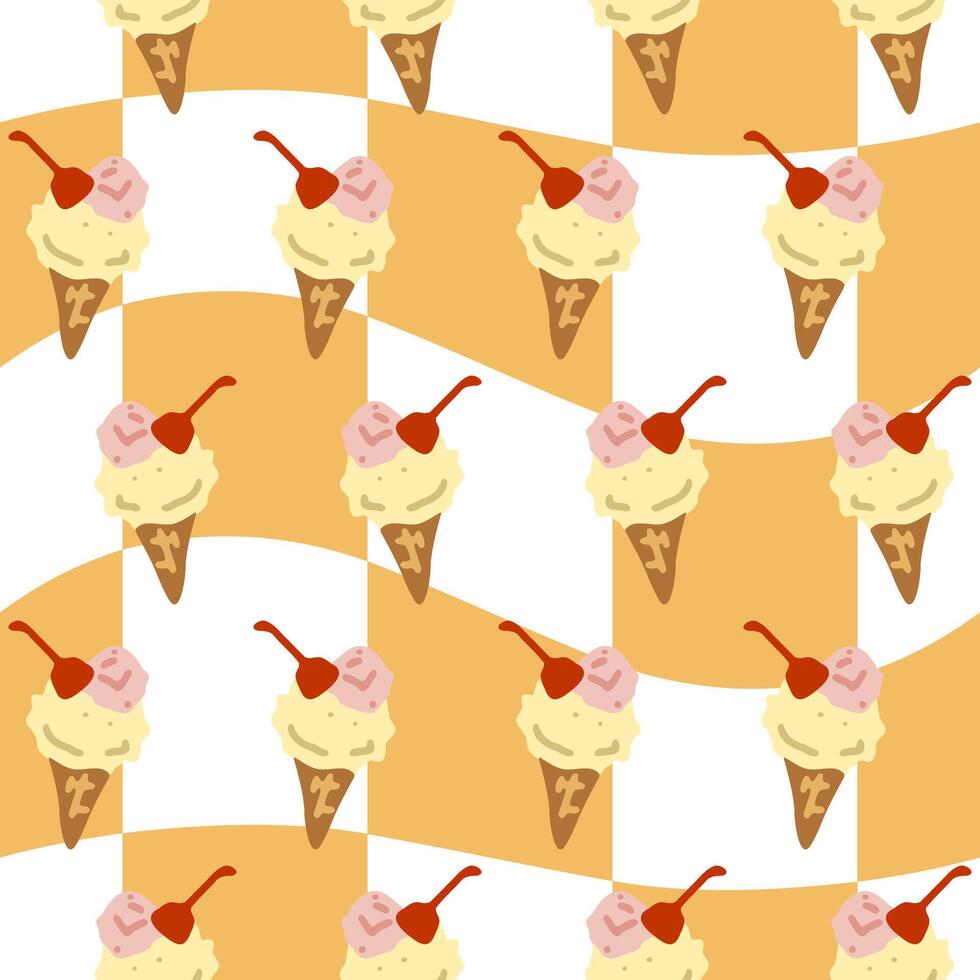 Seamless Ice Cream Cone Pattern. Seamless pattern with ice cream cones topped with cherries on wavy yellow and white background. Flat style, bright summer colors. vector