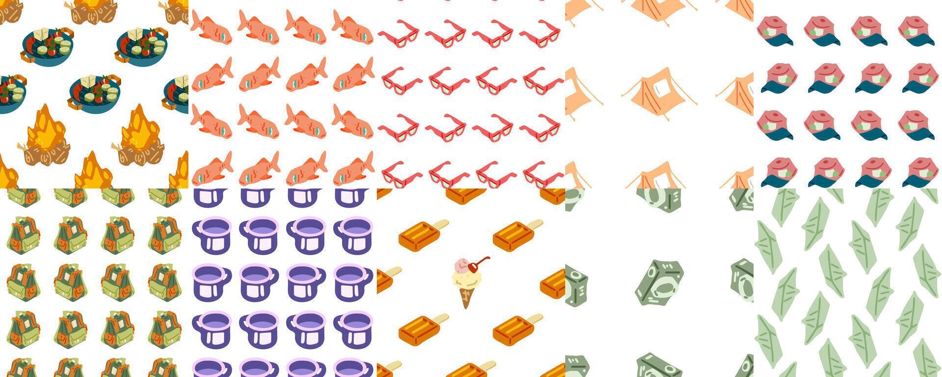 Summer Seamless Camping Pattern Pack. Collection of 10 seamless patterns with camping and summer elements. Flat cartoon style on white background. vector