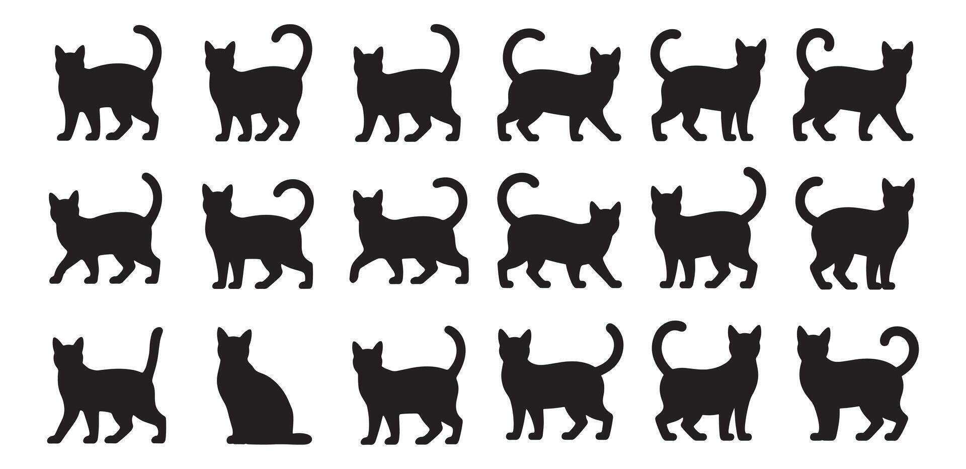 Collection of black cat silhouettes in various poses against background vector