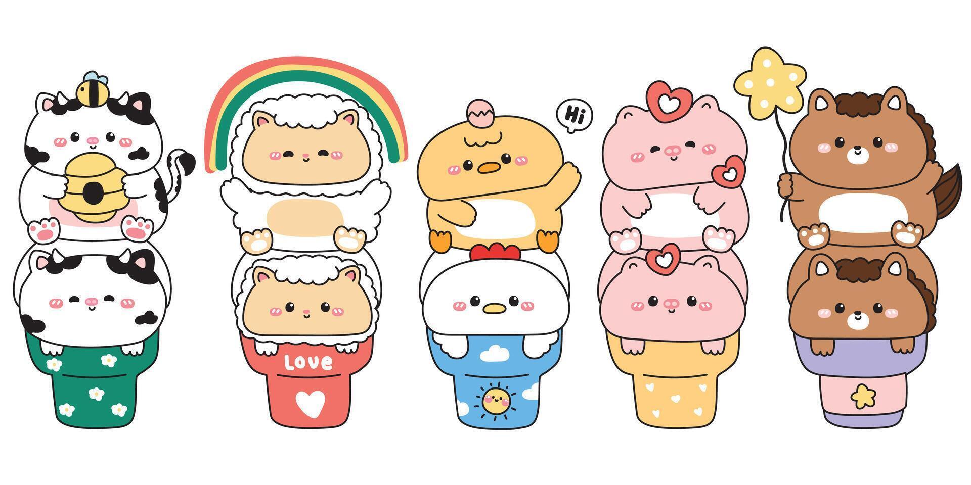 Animal ice cream cone characters stacking vector