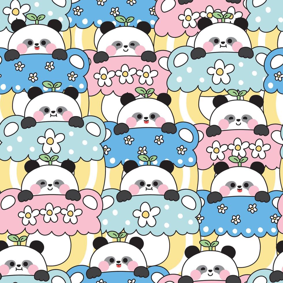 Cute panda pattern with colorful clouds vector