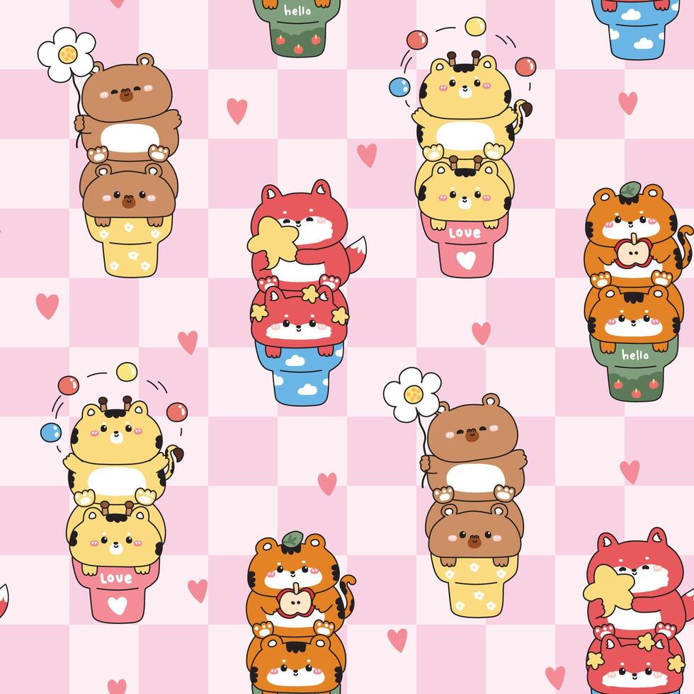 Cute animals stacked on colorful cupcakes vector
