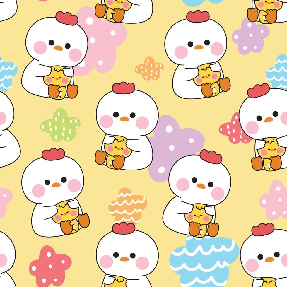 Seamless pattern of cute hen doll hug tiny chicken star background.Friend.Love.Farm bird animal character cartoon.Kawaii.Illustration. vector