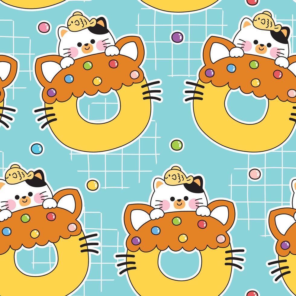 Cat pattern with donuts and bubbles vector