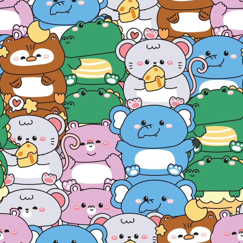 Repeat.Seamless pattern of cute animals on ice cream cone background.Hippopotamus.Elephant.Rat mouse.Crocodile.Owl.Sweet and dessert.Cheese,heart,moon,star.Animal cartoon design.Kawaii. vector