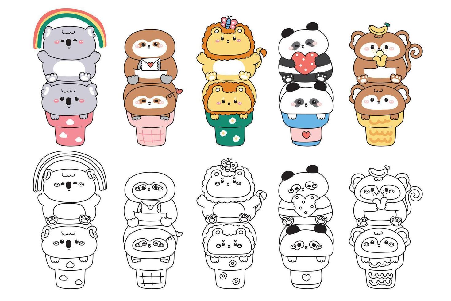 Coloring pages.Set of cute animals on ice cream cone.Koala.Sloth.Teddy panda bear.Monkey.Lion.Sweet and dessert.Rainbow,heart paper mail,butterfly,heart,banana.Animal cartoon.Painting book.Kawaii. vector