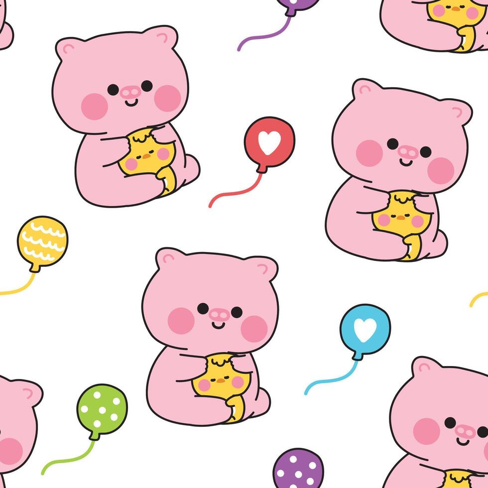 Seamless pattern of cute pig doll hug tiny chicken with balloon background.Friend.Love.Farm and bird animal character cartoon.Kawaii.Illustration. vector