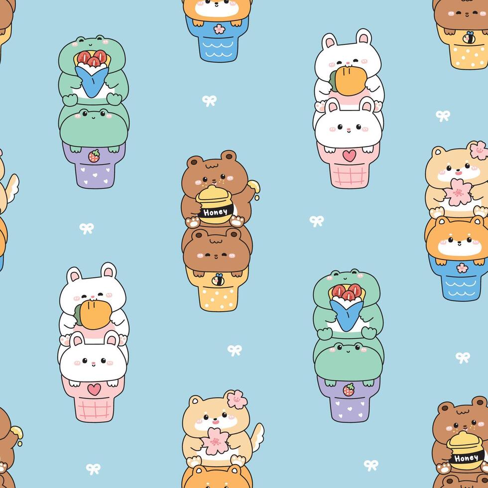 Seamless pattern of cute animals on ice cream cone background.Frog.Teddy bear.Rabbit bunny.Shiba inu dog.Sweet and dessert.Strawberry,honey,carrot,sakura flower.Animal character cartoon design. vector