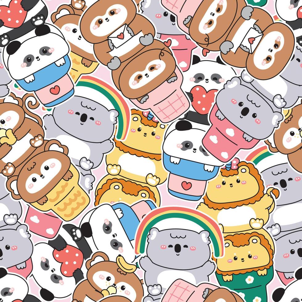 Repeat.Seamless pattern of cute animals on ice cream cone sticker background.Koala.Sloth.Teddy panda bear.Monkey.Lion.Sweet and dessert.Rainbow,heart paper mail,butterfly,heart,banana.Animal cartoon. vector