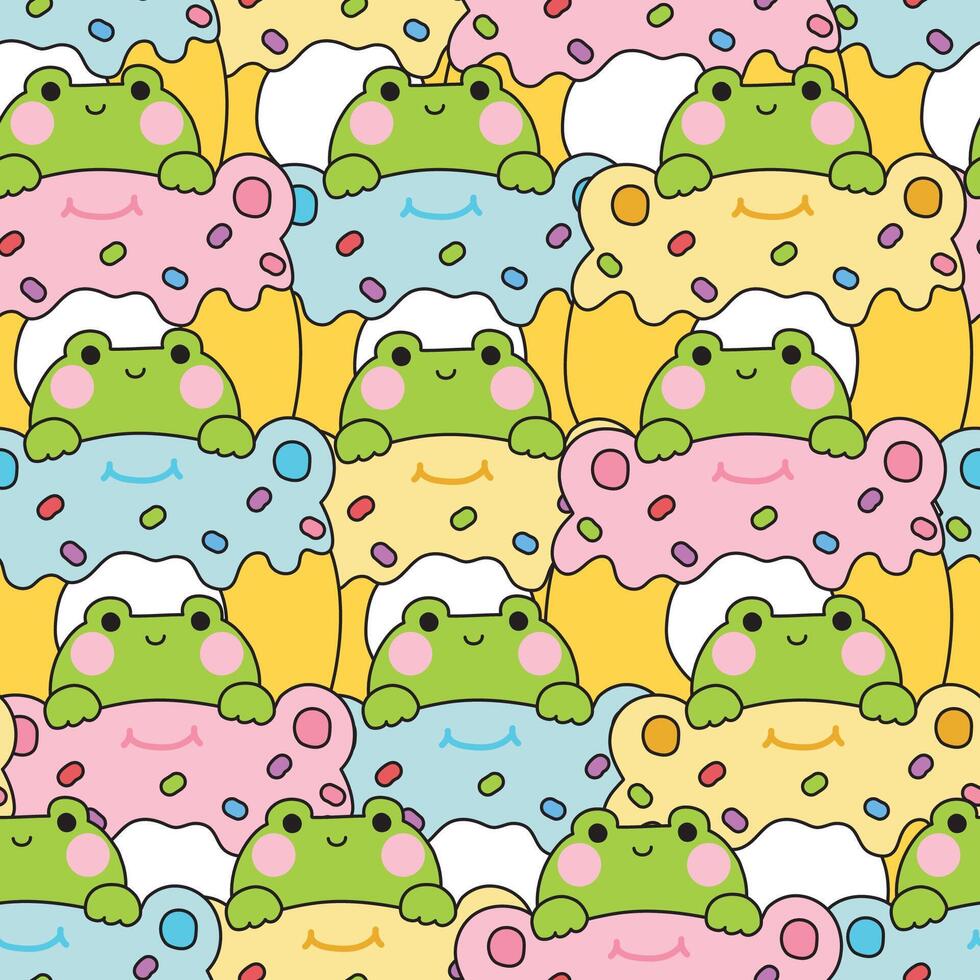 Seamless pattern of cute frog stay on candy vanilla strawberry blueberry flavor donut background.Sweet and dessert.Bakery.Reptile animal character cartoon design.Kawaii.Illustration. vector